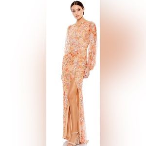 Mac Duggal Floral Print Sequined Puff Sleeve Gown